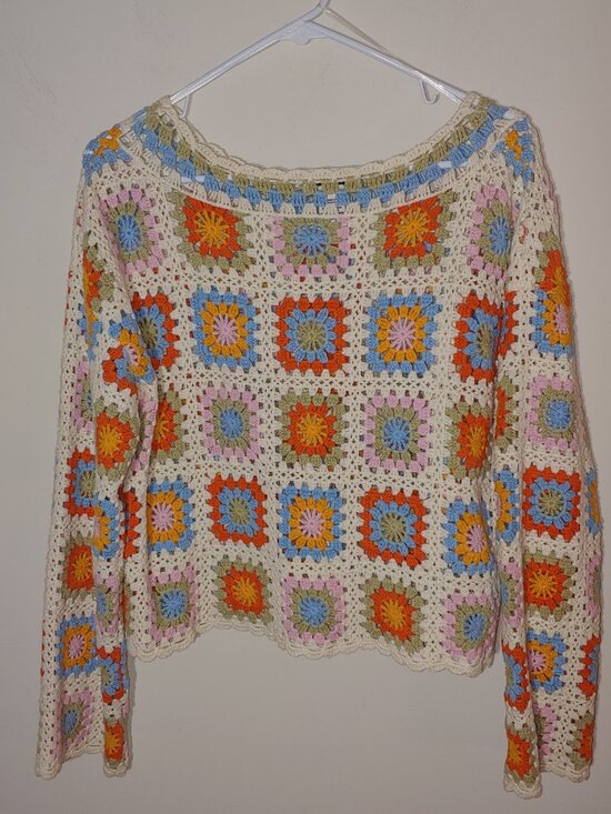 Sincerely Jules Multicolor Granny Square Long Sleeves Crochet Top Sz S Cream - Picture 5 of 6